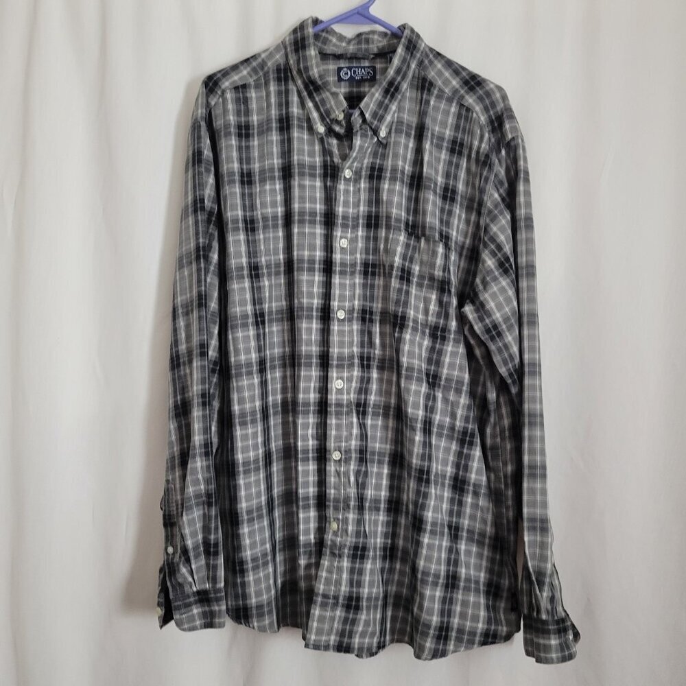 Chaps Button Down Shirt Plaid Casual Business Men's XXL Storm Grey long slv EUC